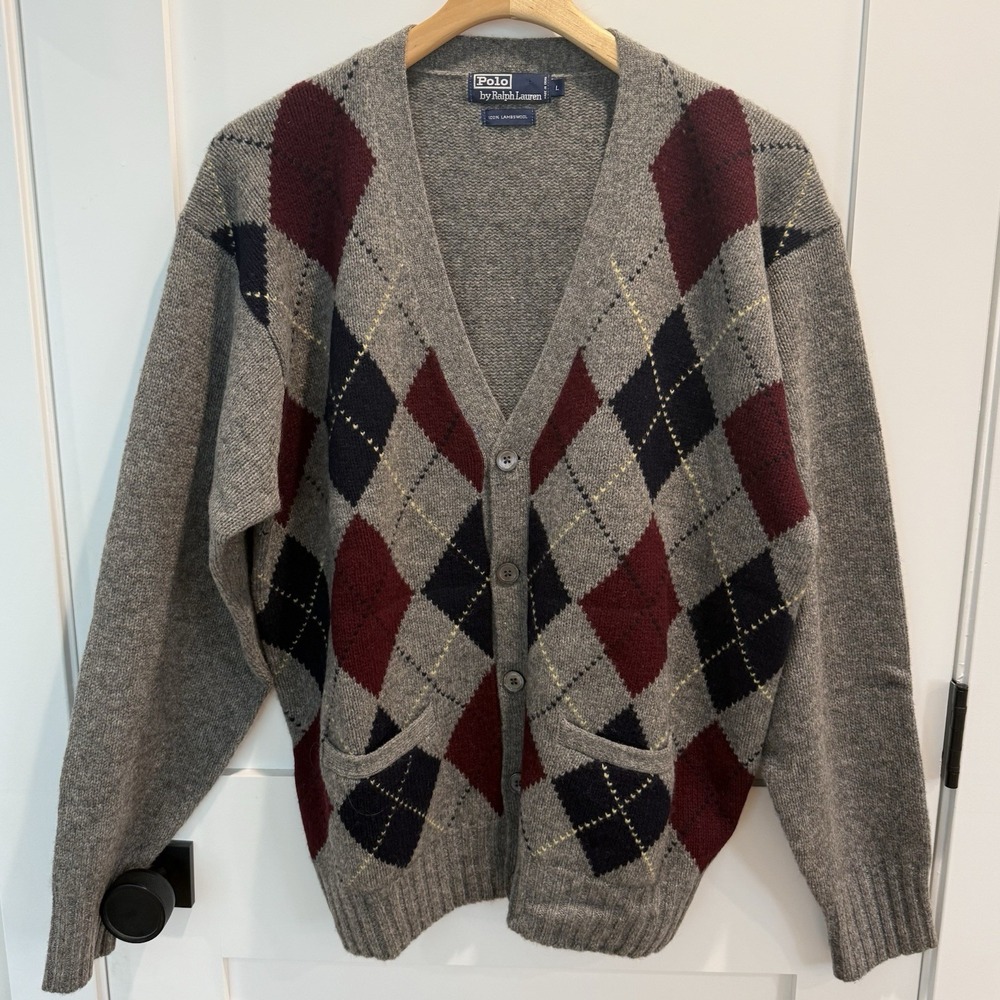 VTG Polo Ralph Lauren Argyle Cardigan Lambswool Mens L Gray Burgundy Grandpacore